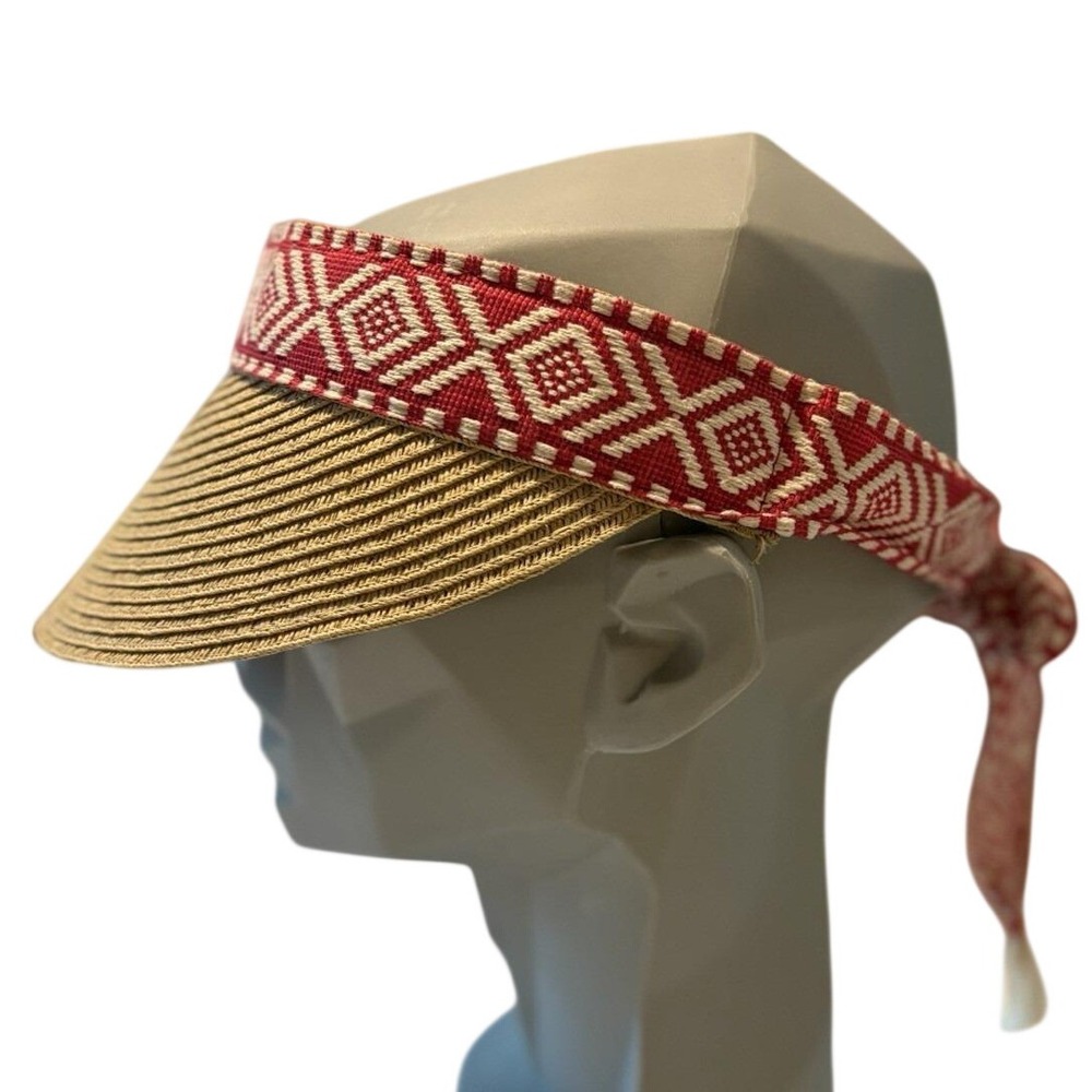 San Diego Hat Company Straw‎ Visor Red White Woven Tie Back Sun Hat One Size